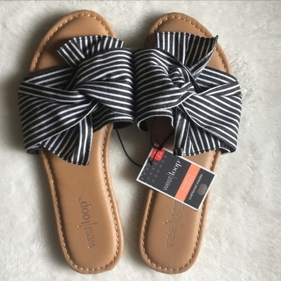 NWT West Loop Black White Striped Knotted Bow Slide Sandals Women's S (5-6) New - Picture 1 of 3